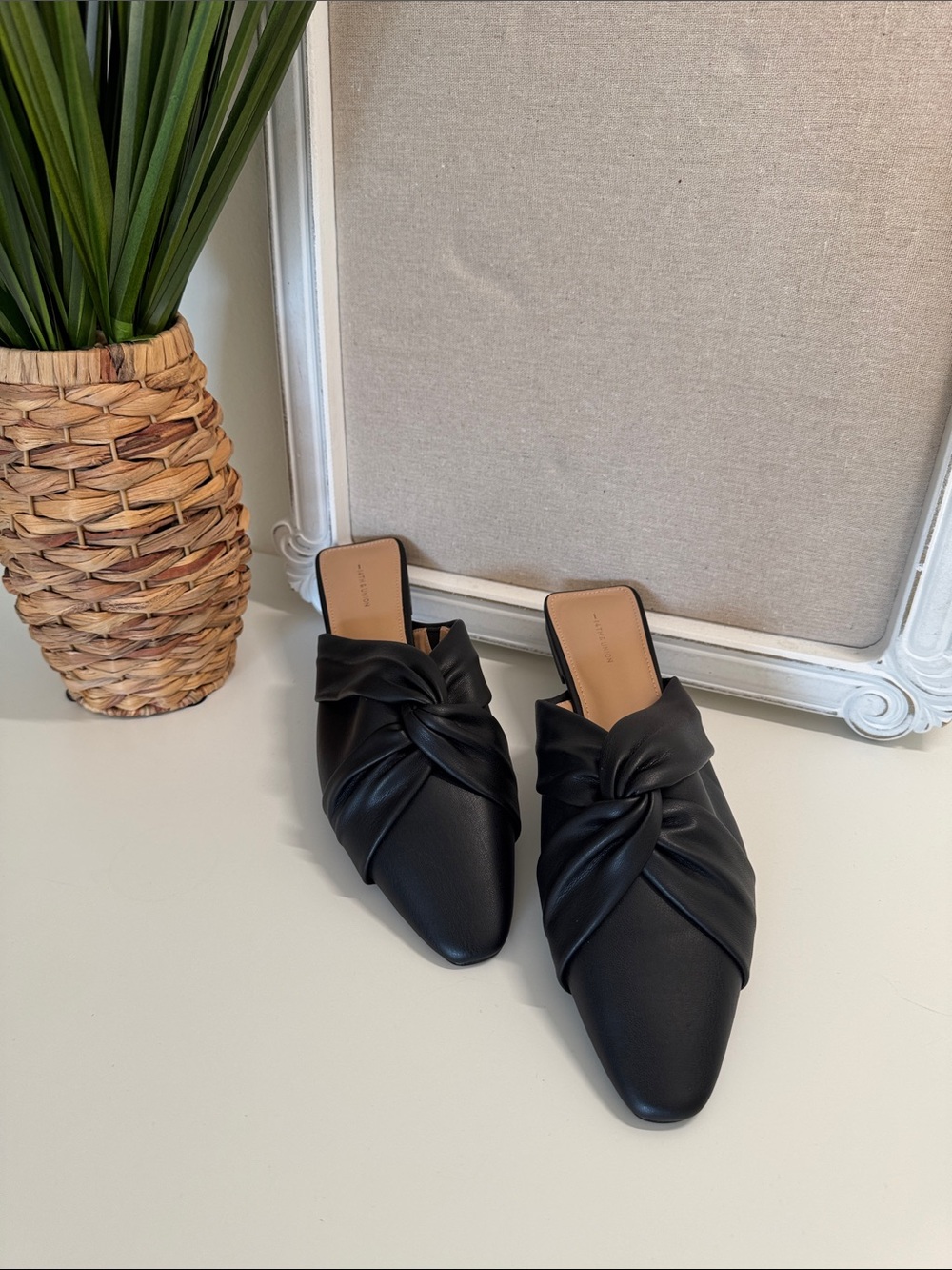 14th & Union Black Knotted Faux Leather Slip-On Mules